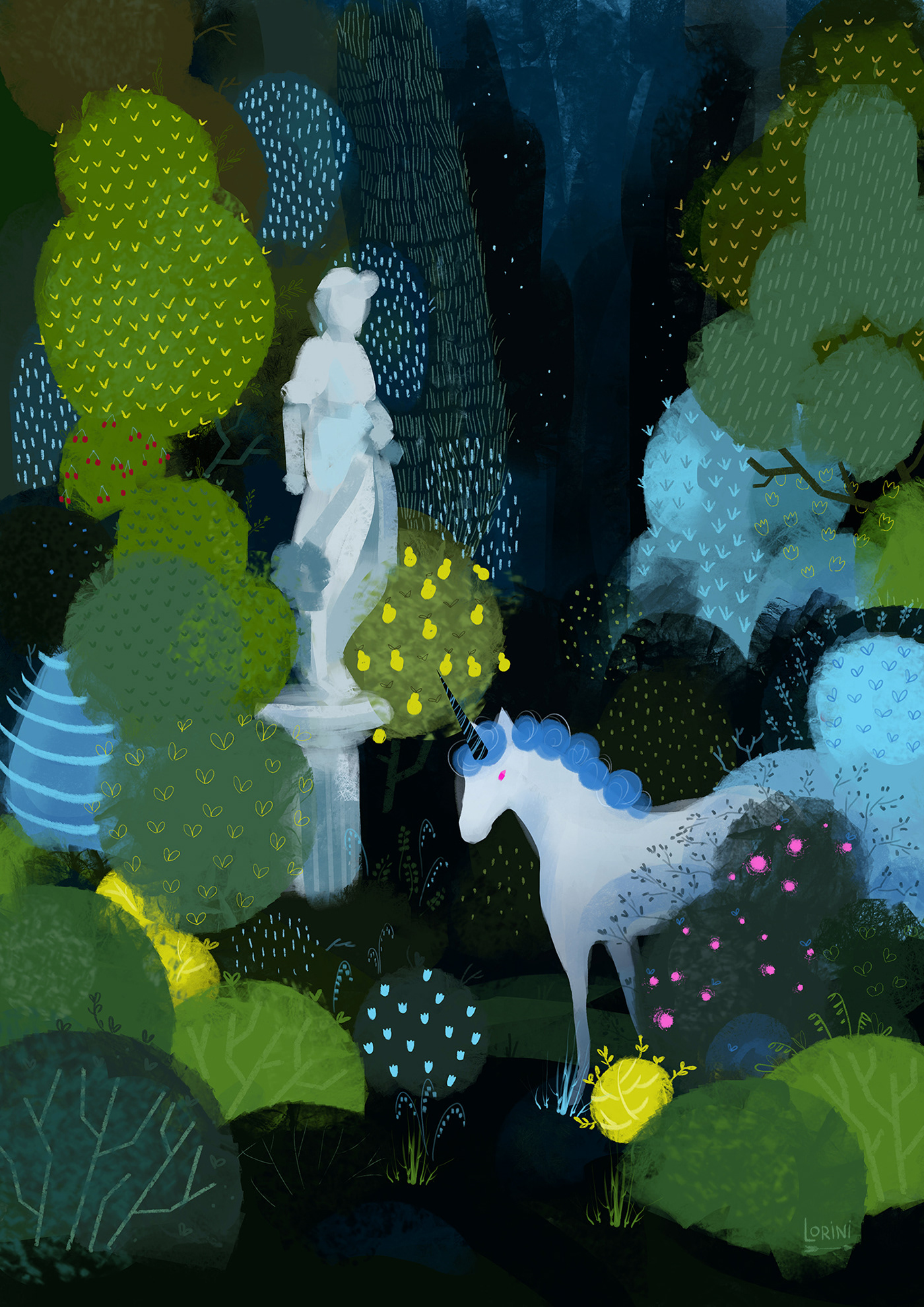 The green bushes are hiding white unicorn with blue mane and pink eyes. Behind him stands a statue