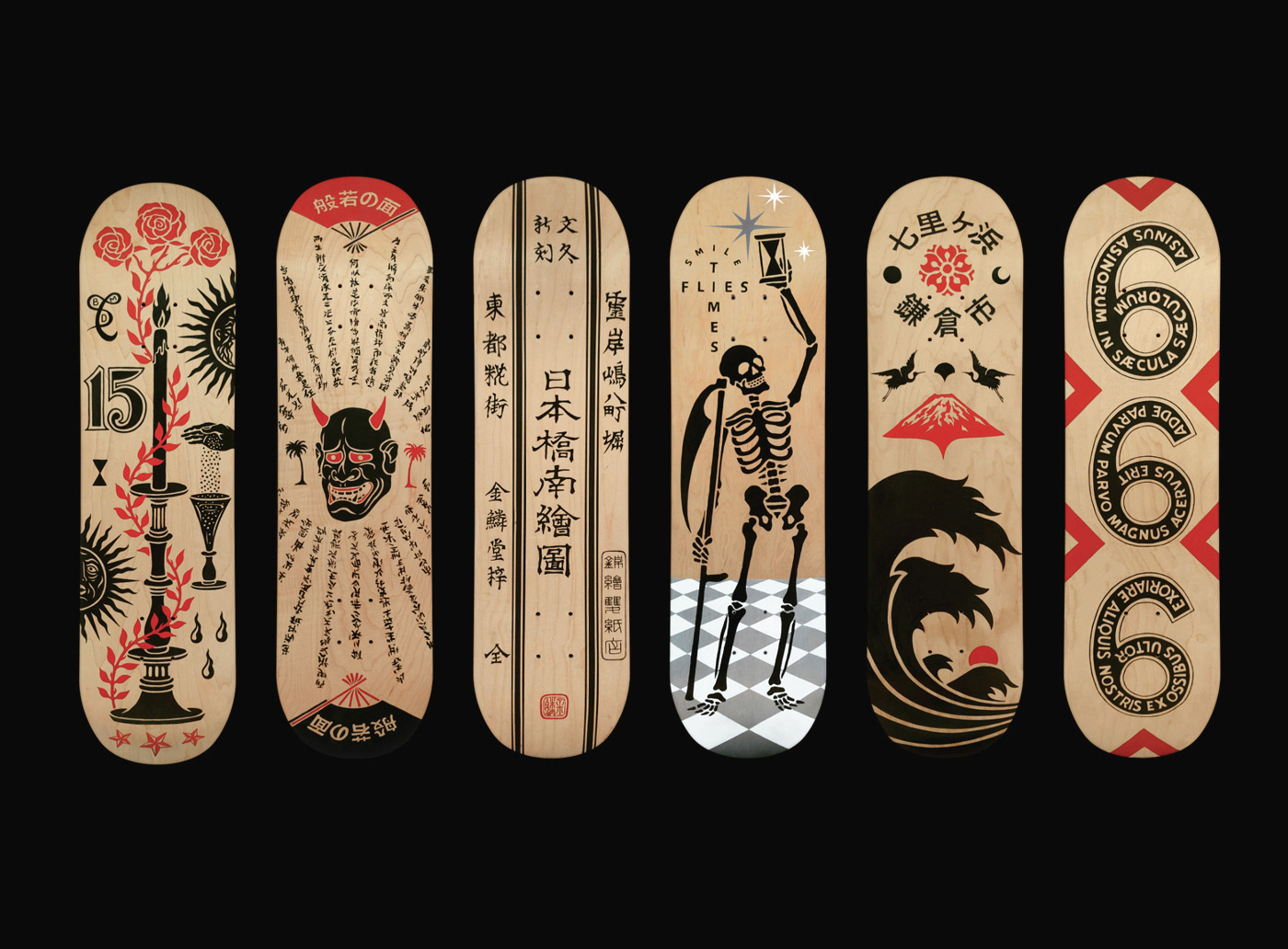 bespoke bmd design Calligraphy   Chinese Ink Design Custom japan art skateboard skull sumi wood