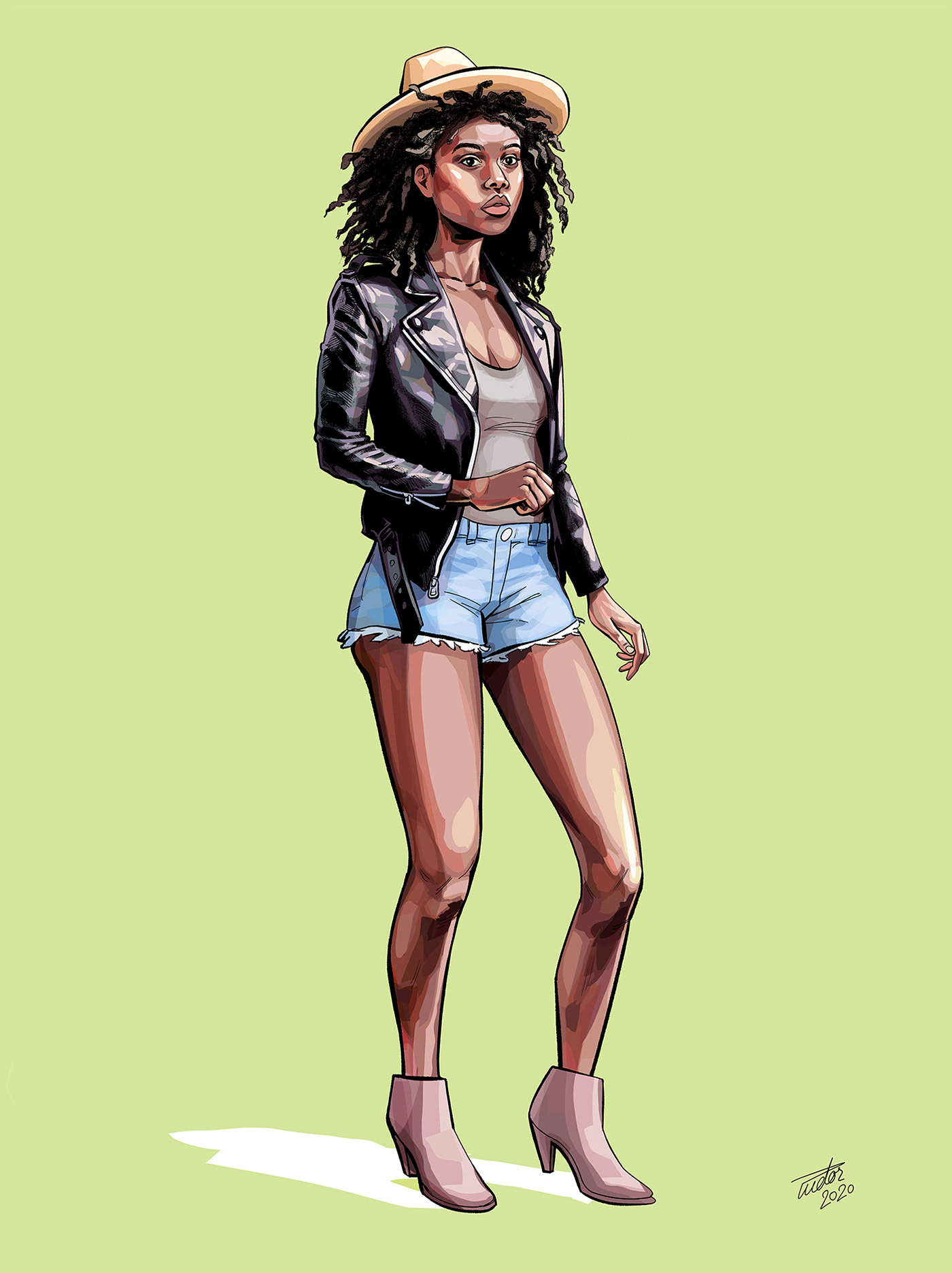 illustration of woman in fake leather jacket, tank top and short jeans wearing high heels and a hat