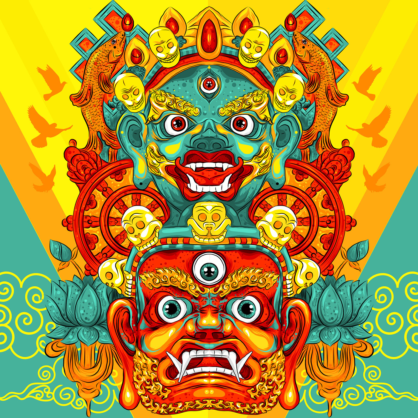 masks tibet china traditional motif illustrations