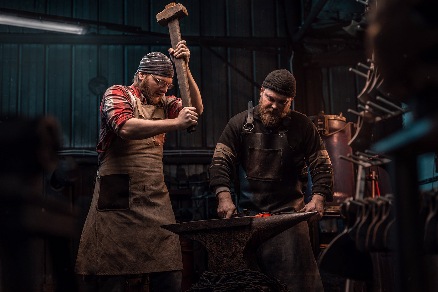 smithy iron fire man Production portrait hands leather manufacture axe