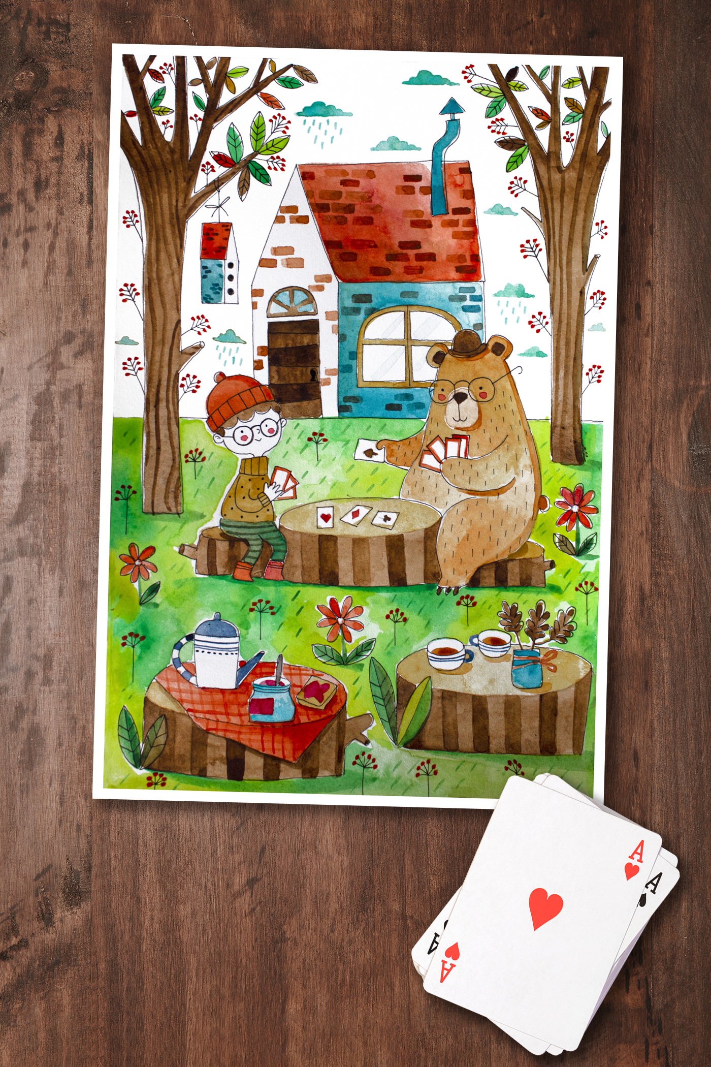 art bear breakfast children's illustration For Kids ILLUSTRATION  Kids Lit play Playing Cards watercolor