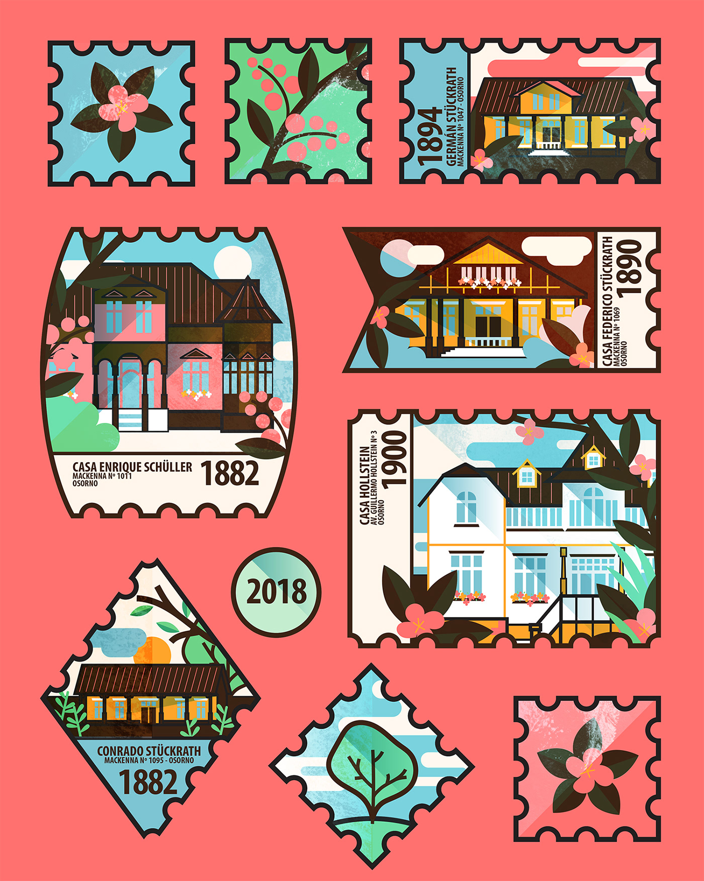architecture Digital Art  diseño filatelia graphic design  Historical Building house osorno Stamp Design stamps
