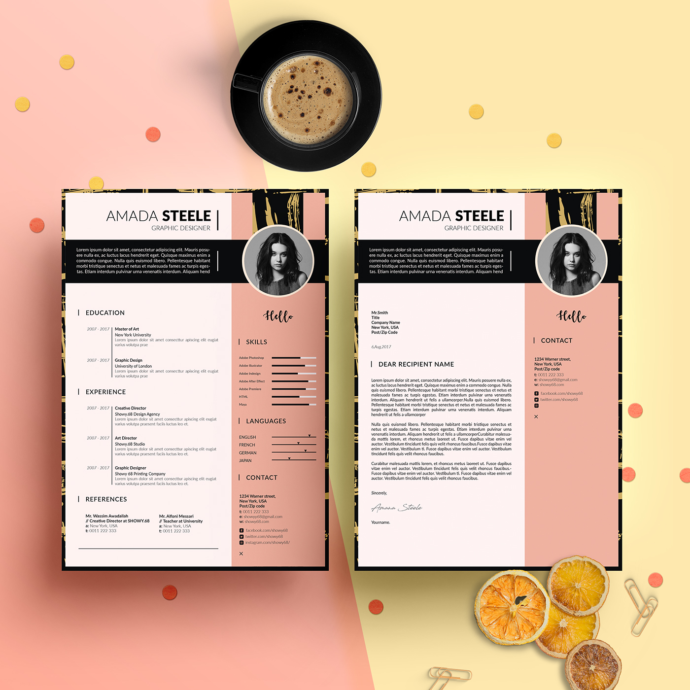CV template Resume pink gold black print a4 design