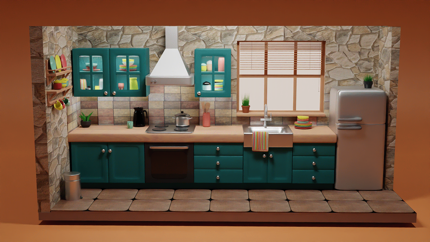 3d modeling blender Classic country Isometric kitchen kitchen design kitchen room Kithen Interior old house