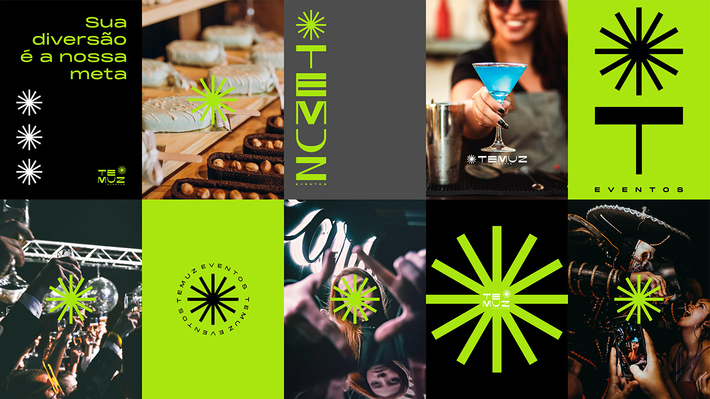 brand drink eventos festa green grid logo neon party visual identity