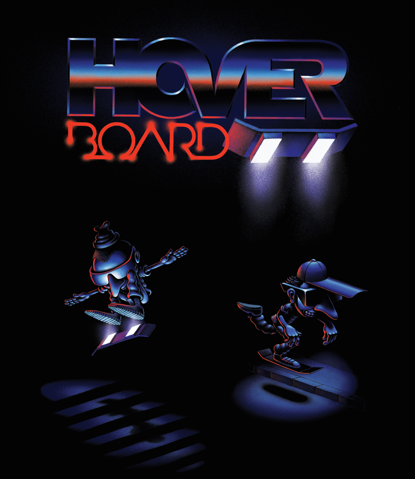 skateboard hoverboard 80s retrofuturistic airbrush grain neon lettering futuristic Retro