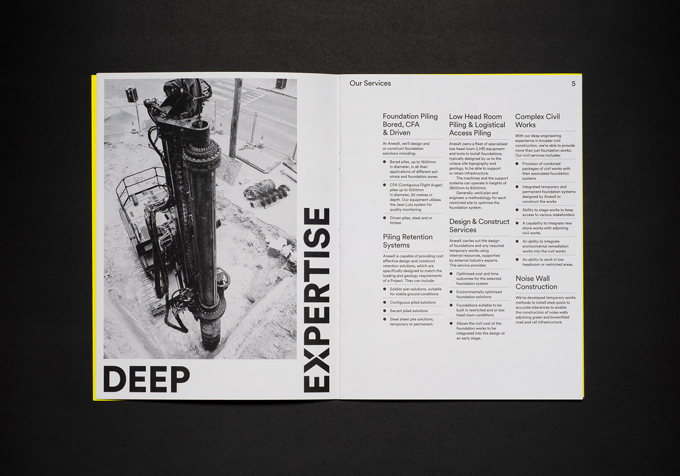 black and white brand identity brochure construction emboss foundations gritty guidelines industrial yellow