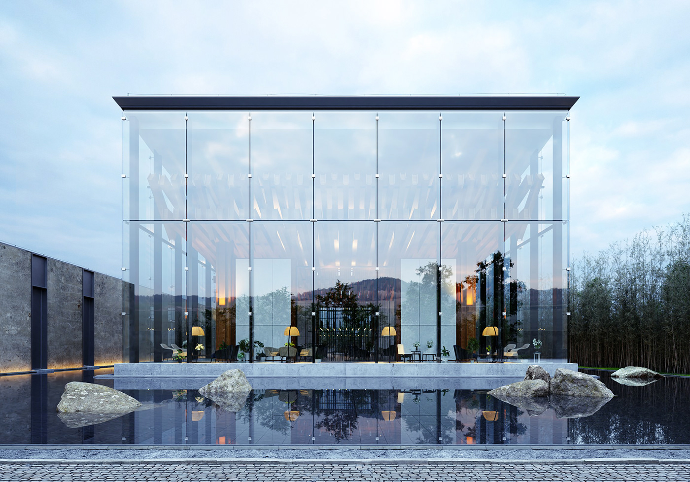architecture blue hour CGI design digital architecture exterior glass pavillion real estate Renderings