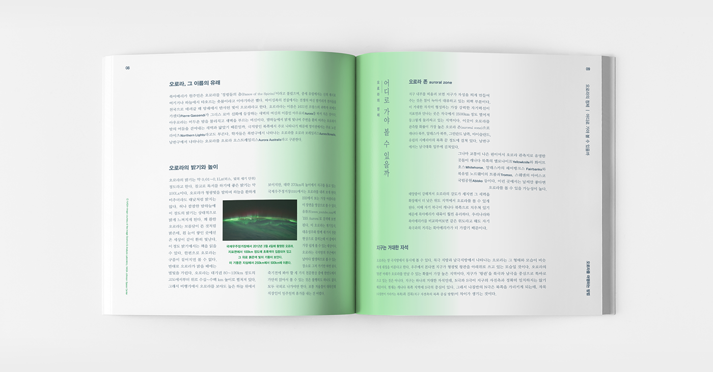 aurora guide book editorial design portfolio Layout gradation green color information book Guide School Project Space  Travel