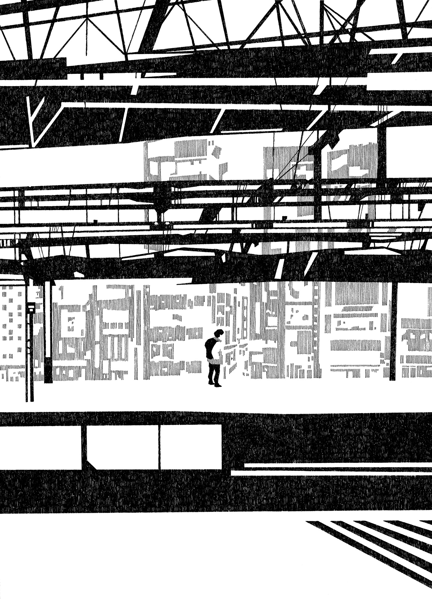 analog black and white ink drawing japan Landscape monochrom STATION ILLUSTRATION  people