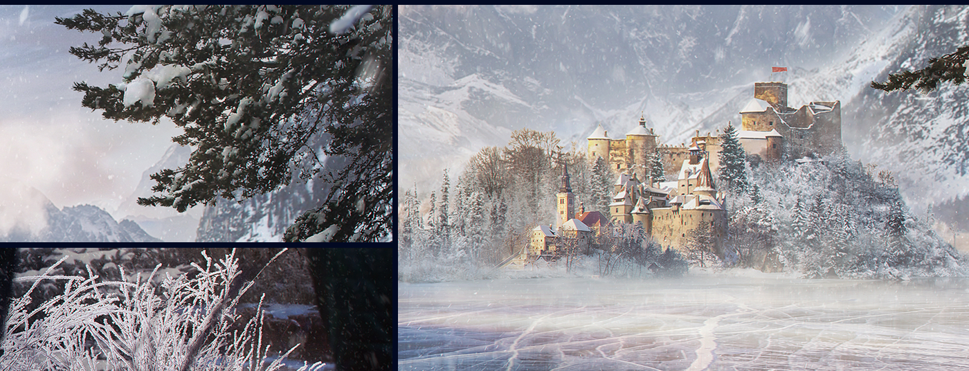 SkillBox photomanipulation winter photoshop retouch CGI computer graphics mountains Castle Matte Painting