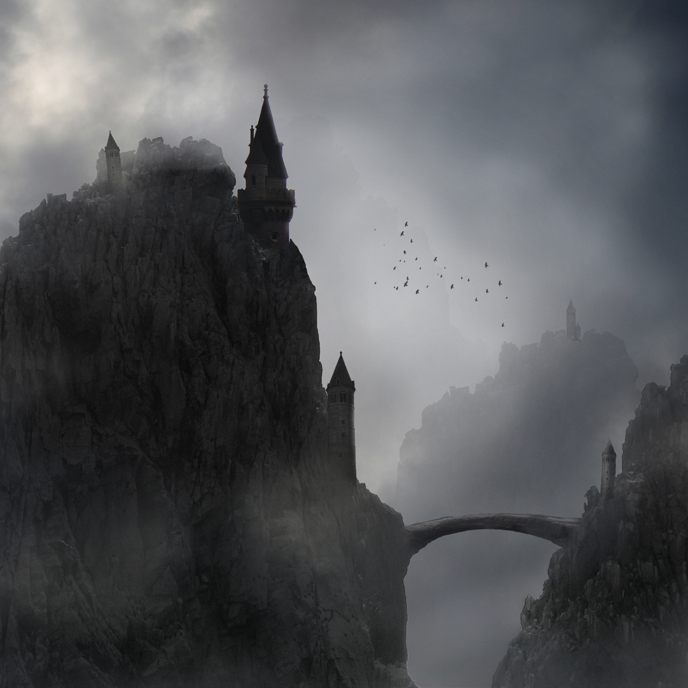 fog mist mountain castles towers grey