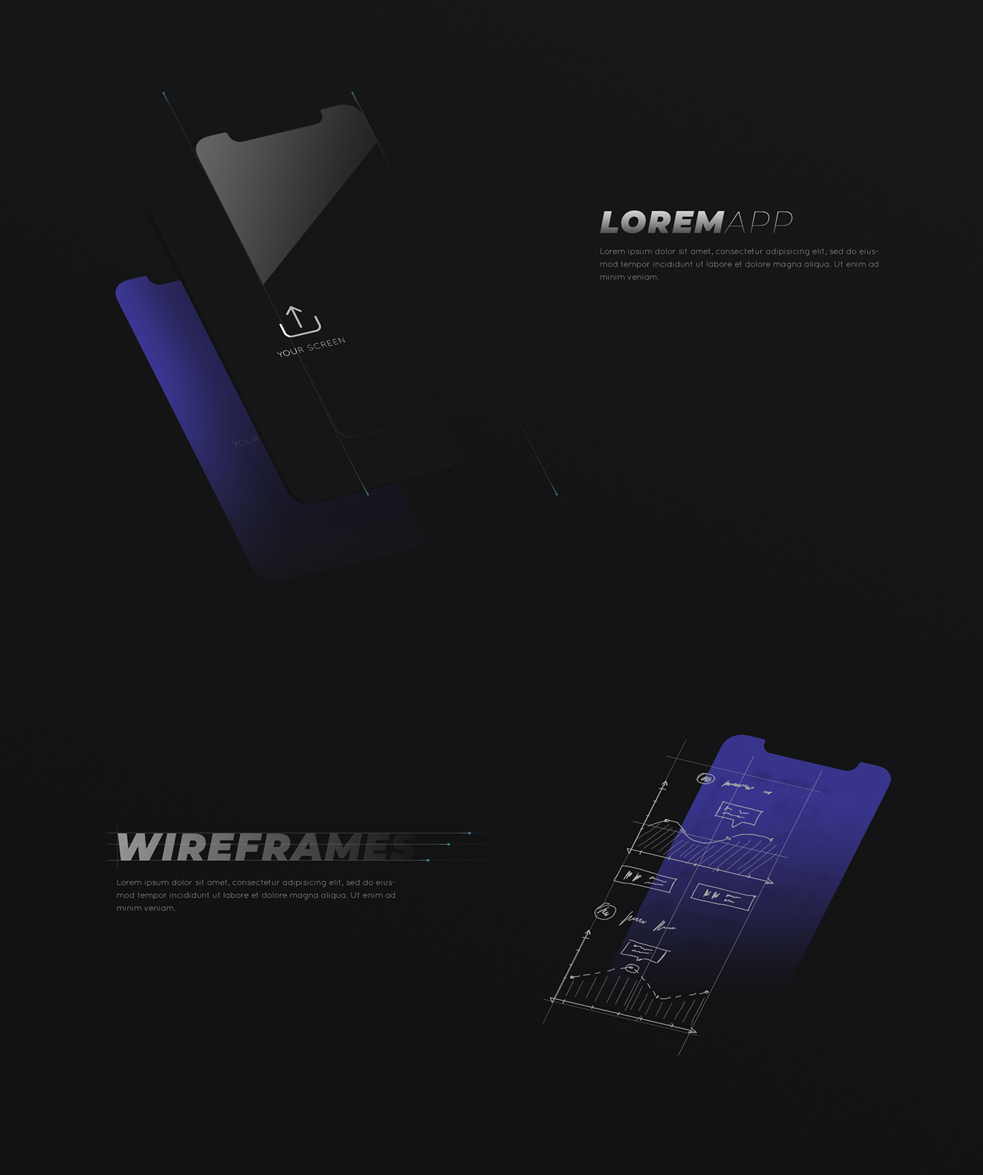 Mockup Screen Design UI free Isometric dark iphone minimalist presentation wireframes