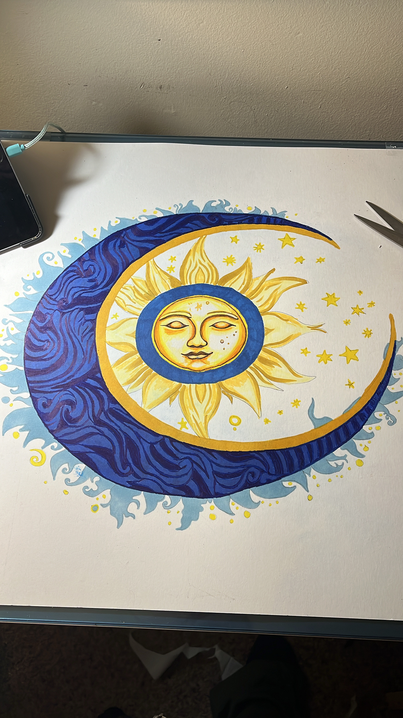 Sun moon prismacolor colored pencils markers Drawing  cbs sunday blue yellow White black alcohol markers gel pens