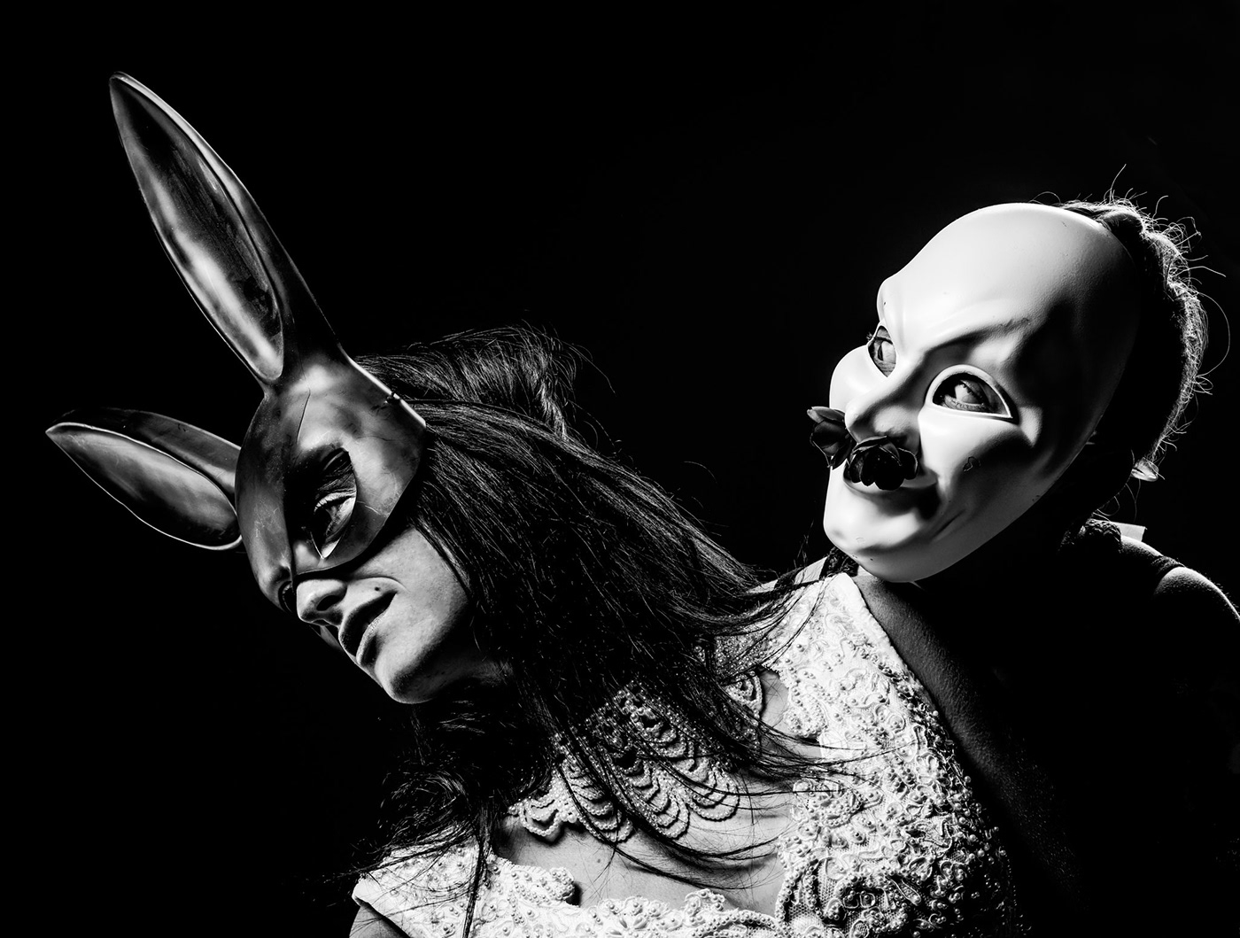 portrait Portraiture Photography  studio black and white masks weird rabbit strange bridal Bridal Portraits