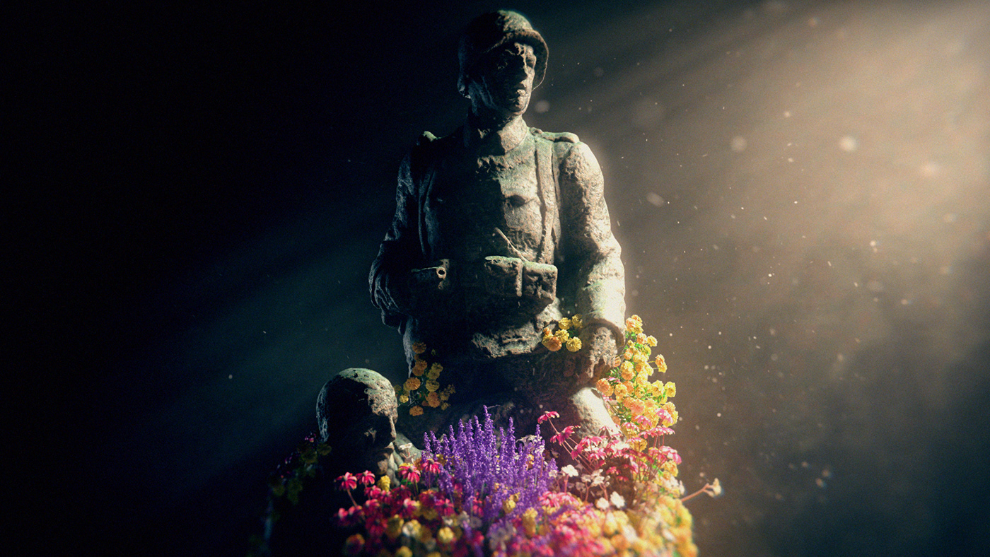 3D beeldmotion CGI Flowers Globo passport to freedom Sony statues ww2 Opening