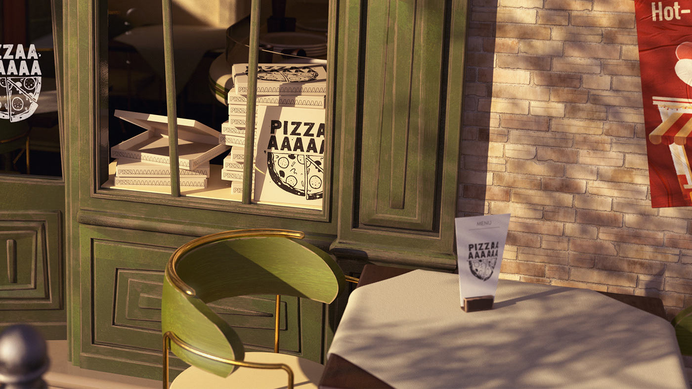 3D c4d cinema 4d city modeling Pizza pizzeria redshift restaurant Street