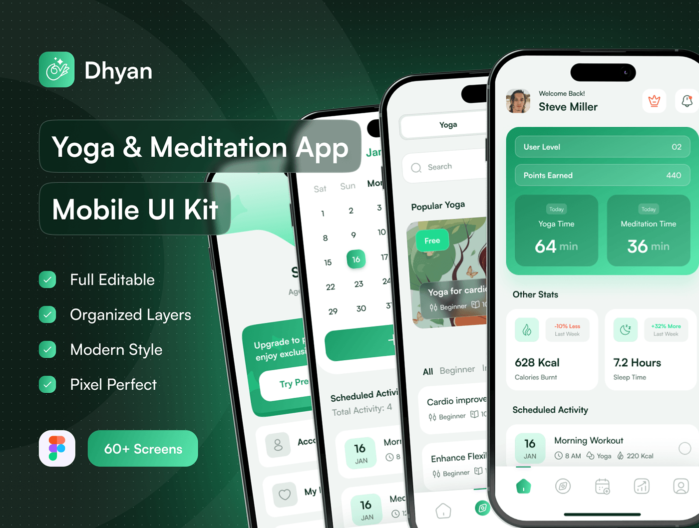 Yoga meditation ui kit UI/UX app design Figma Mobile app user experience user interface workout