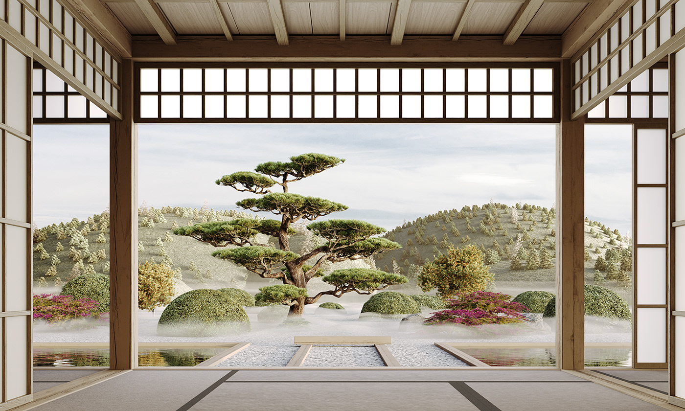 colourfull Creative Direction  Digital Art  garden japan Massimo Colonna Minimalism minimalist Render zen