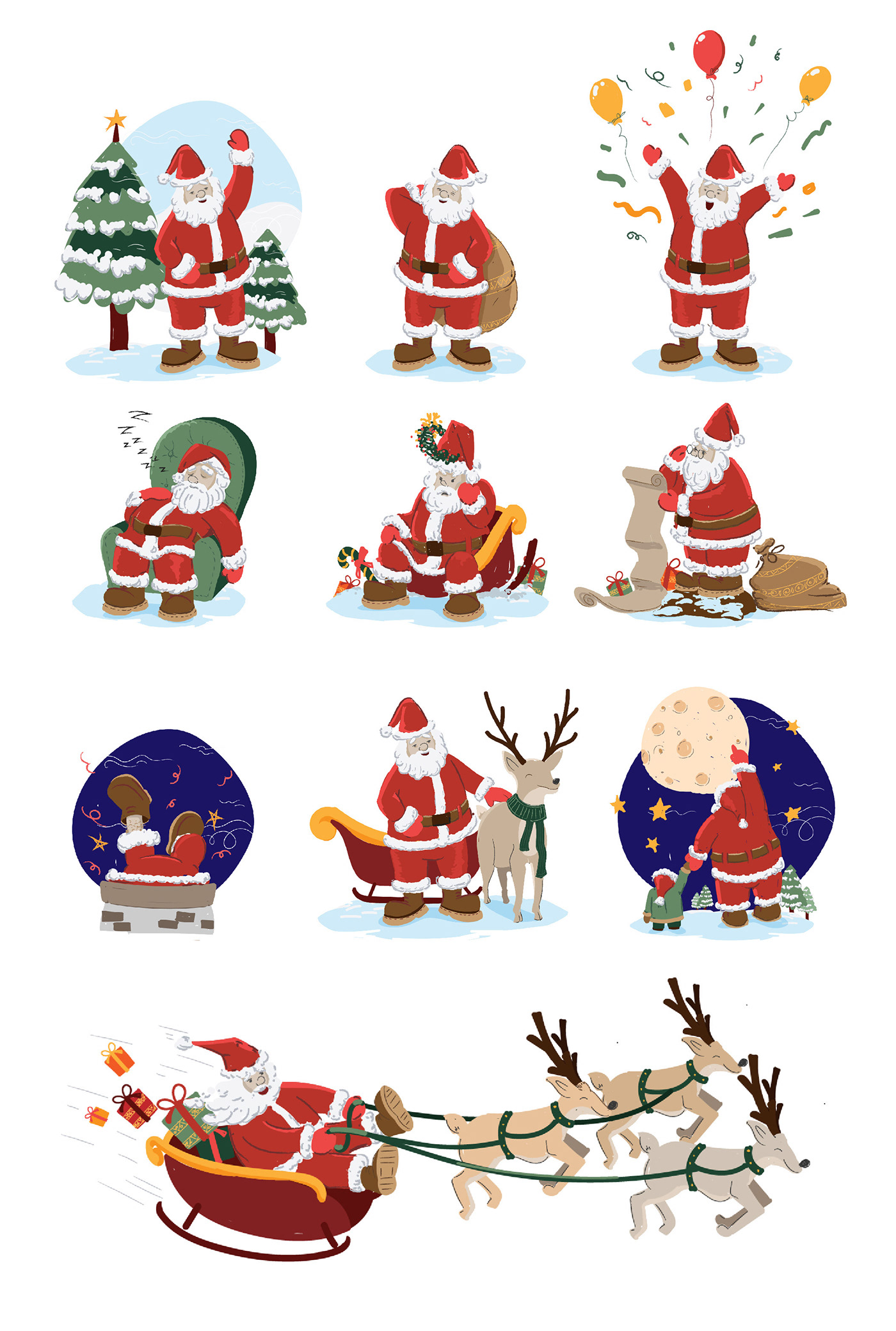 hand drawn vector santa illustration kit Christmas seasonal snow rain deer