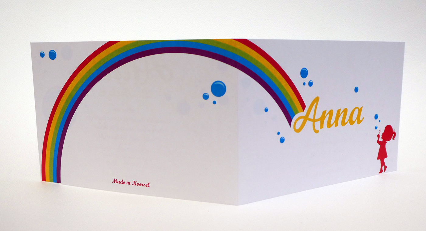 birth card geboortekaart ILLUSTRATION  rainbow bubbles girl Retro
