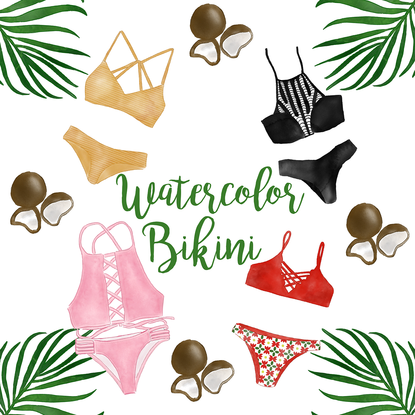 bikini ILLUSTRATION  watercolor Fashion  beach Holiday summer product design  Invitation Card Birthday
