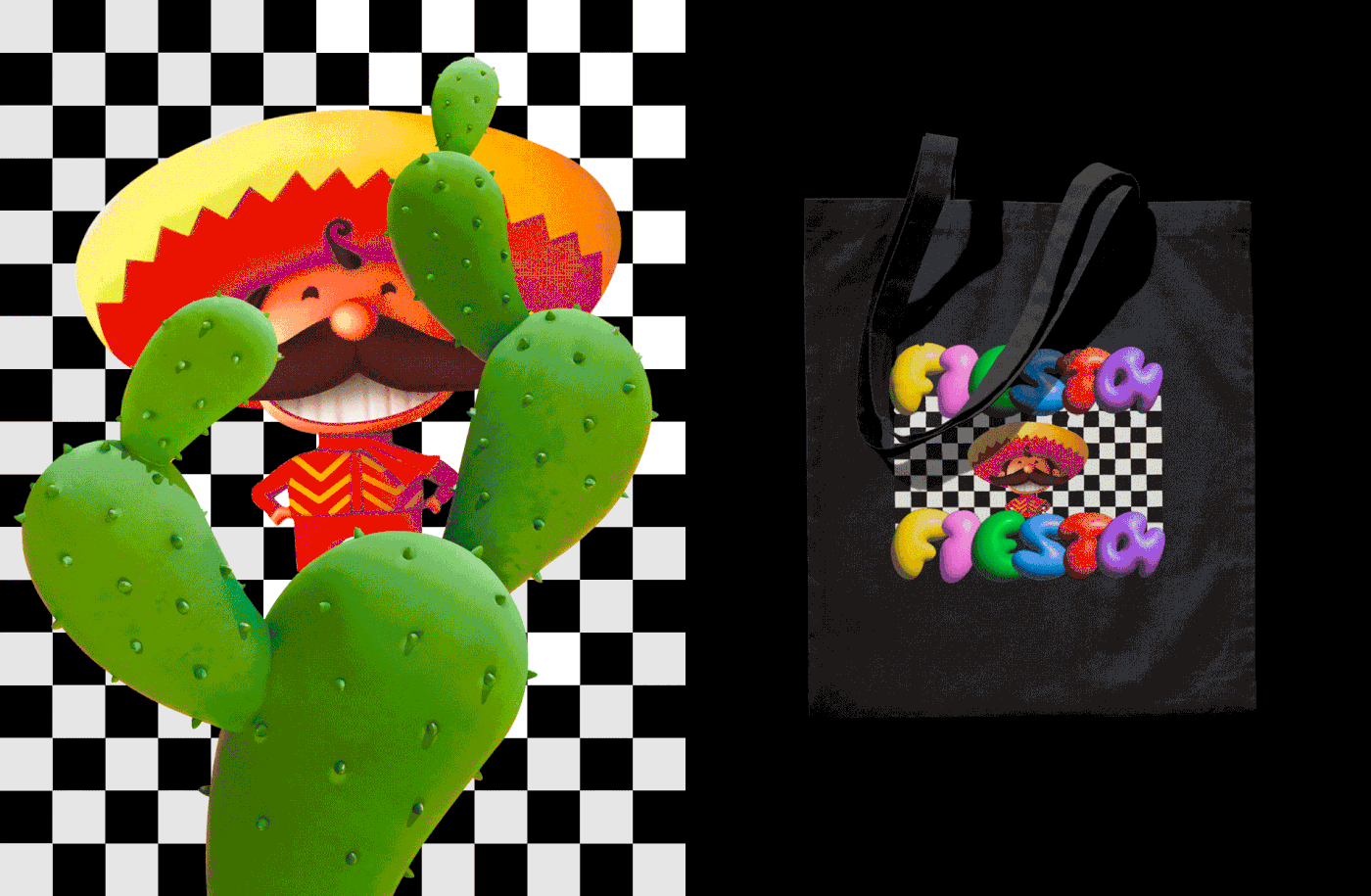 fiesta party branding  3D Mascot logo Checkerboard clay bubble Fun
