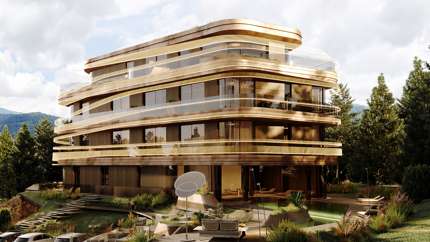 architecture design glass gold highend luxury mountains Render wood