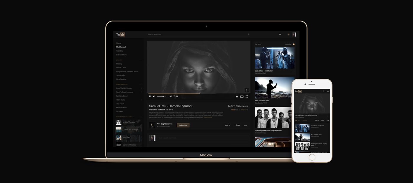youtube redesign dark gold premium grid mobile video concept