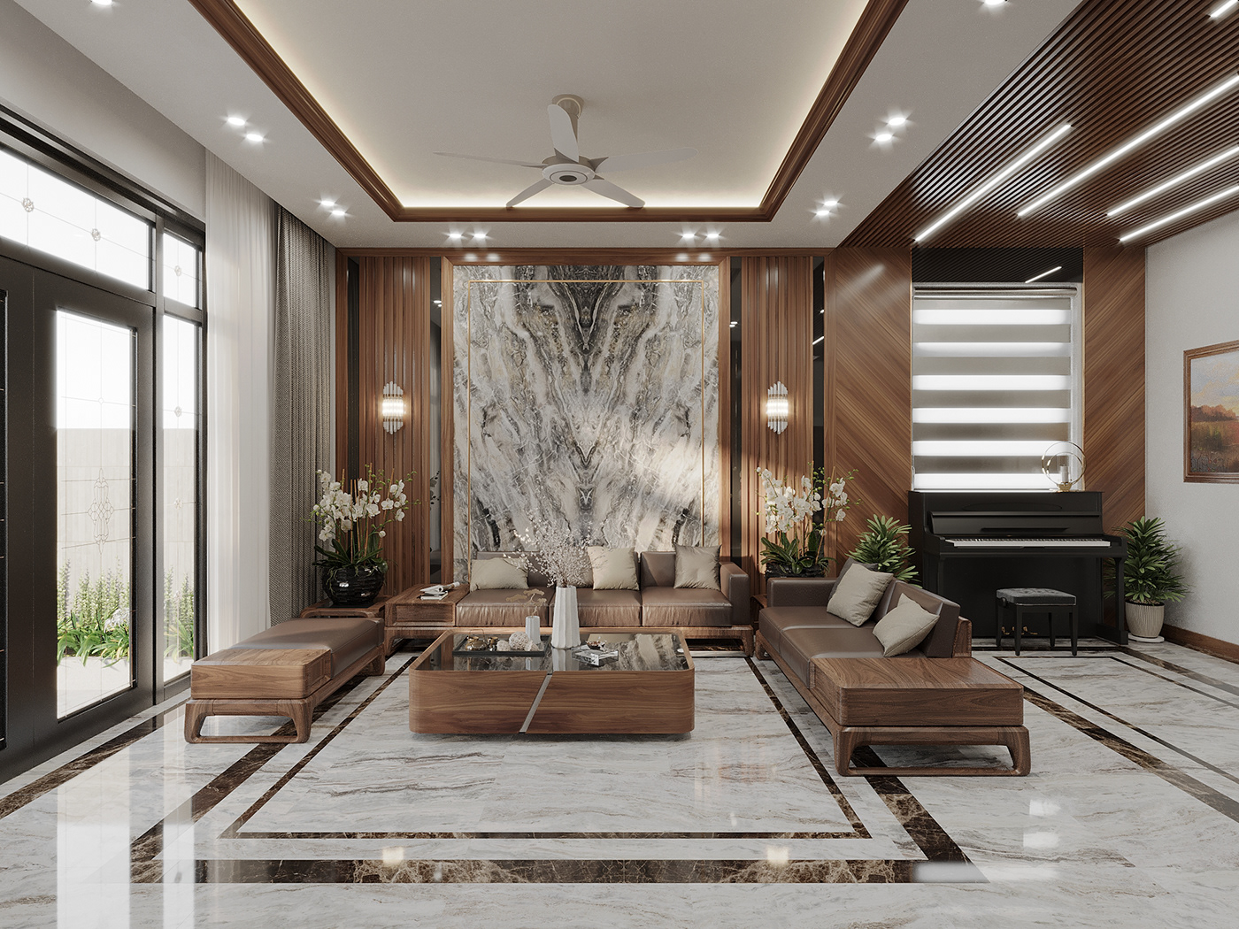 architecture interior design  3ds max Render biet thu go oc cho phòng khách
