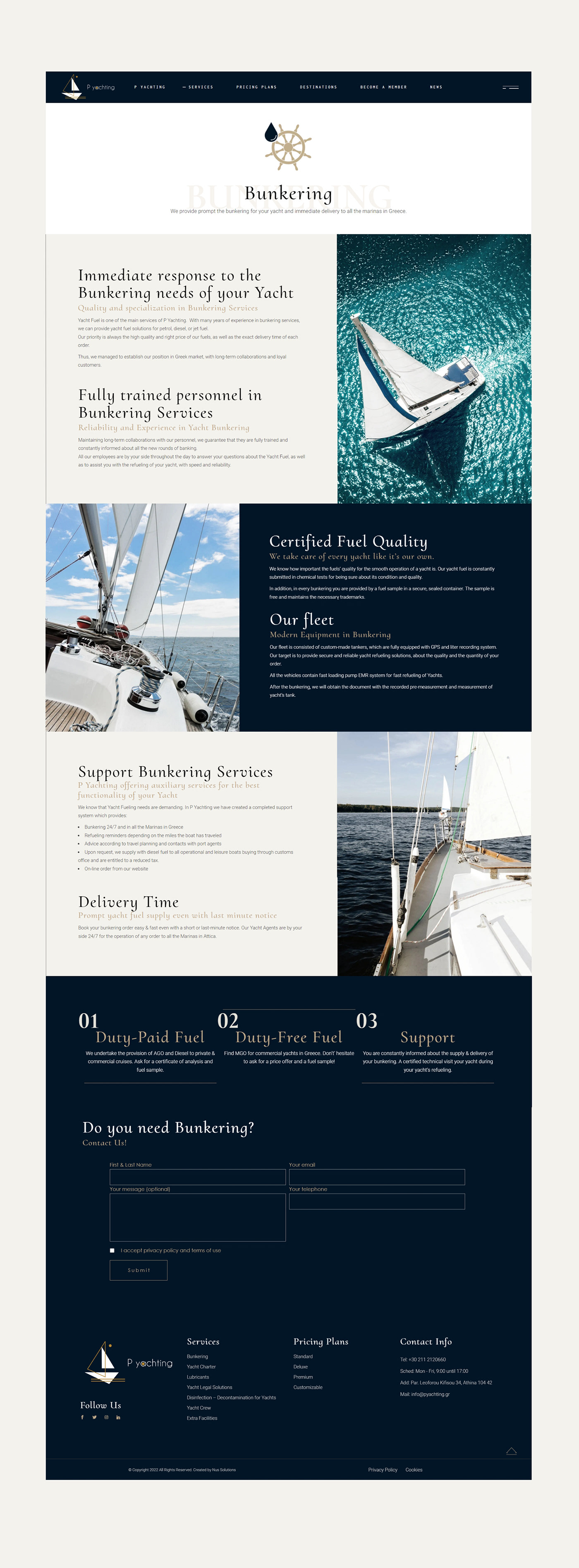 Landing page of a yachting company website