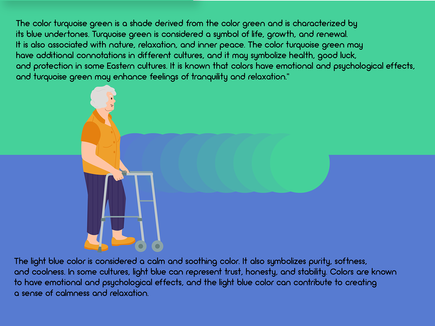 an old man is walking with a walker , the meaning of used colors 