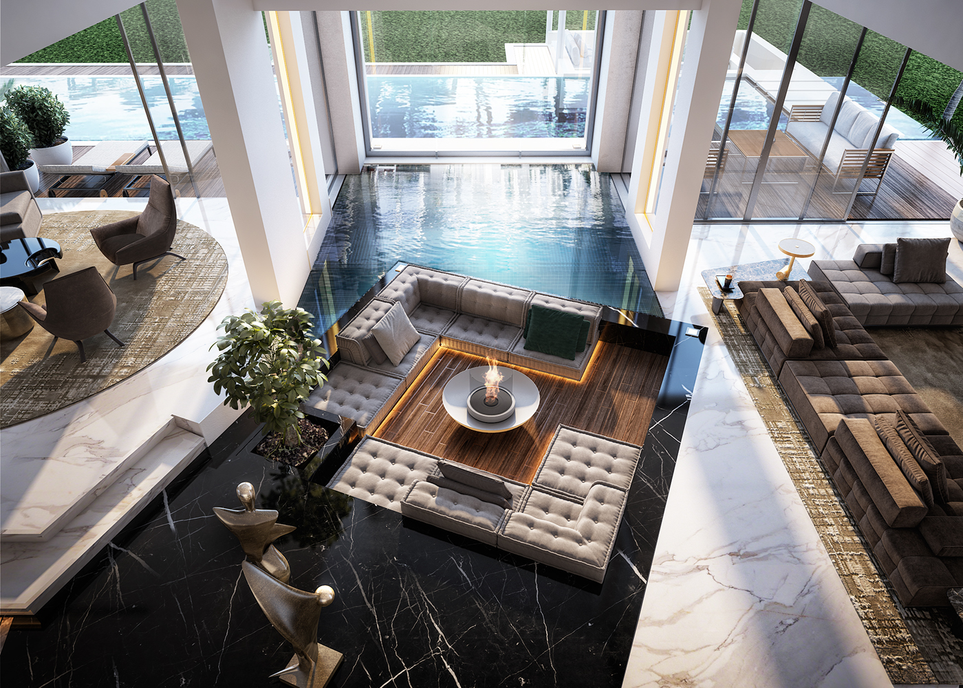 interior design  architecture living room Pool reception dining marble flooring flooring fireplace contemporary