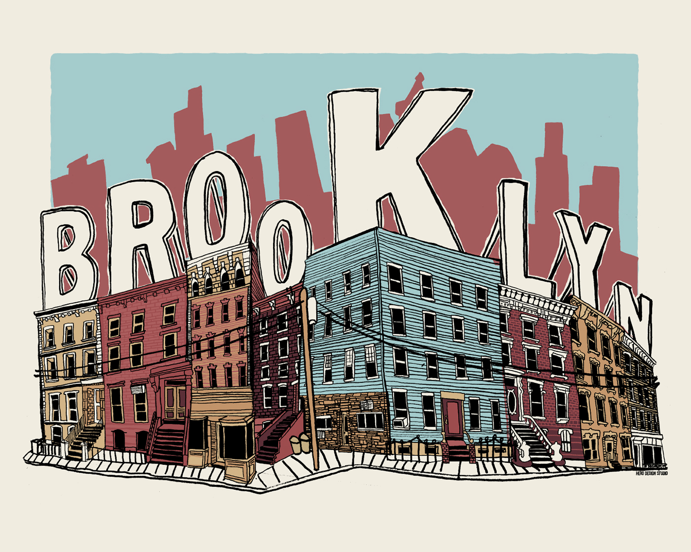 Self initiated art print of the homes of Brooklyn, New York. 