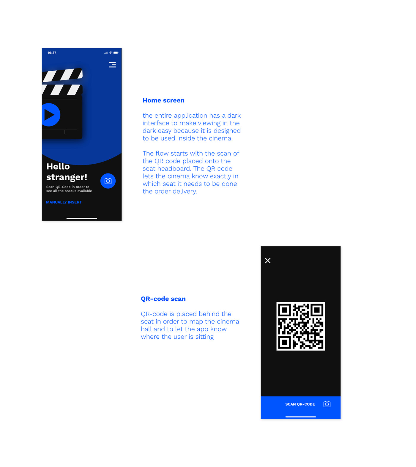 Cinema mobile app blue work sans UI ux prototype interaction dark
