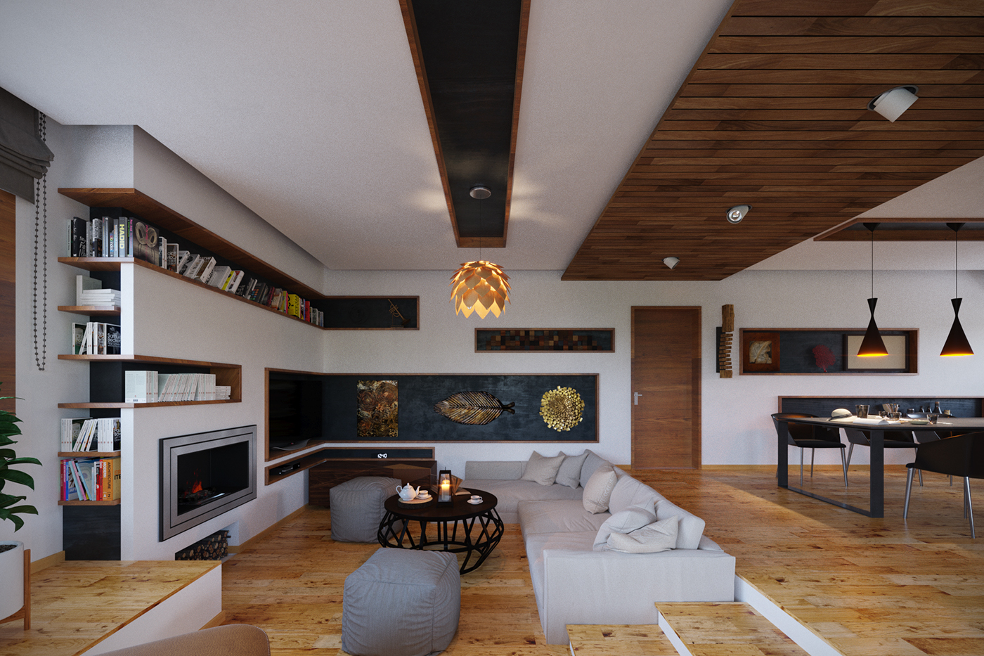 wood black & white Interior living room design architecture corona