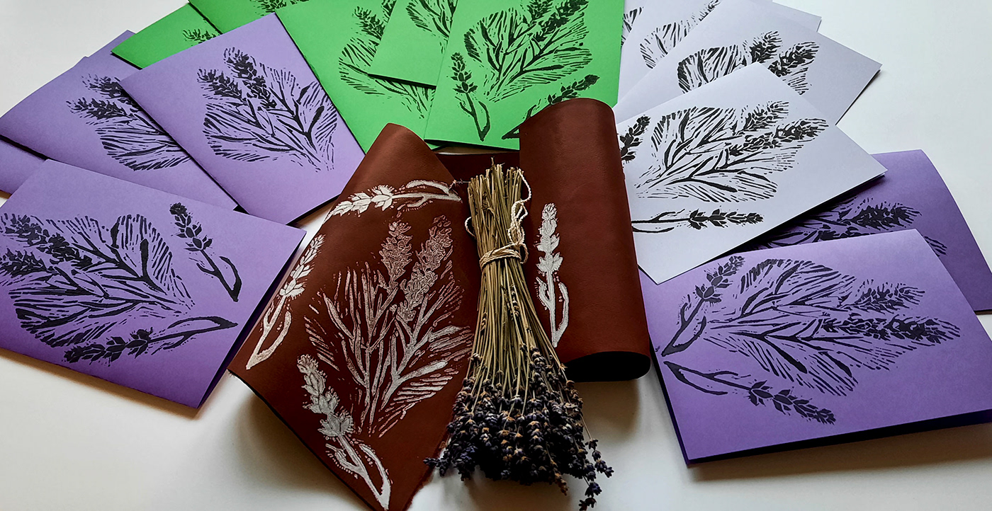 binding book handmade lavender leather linocut long stich notebook paper press print