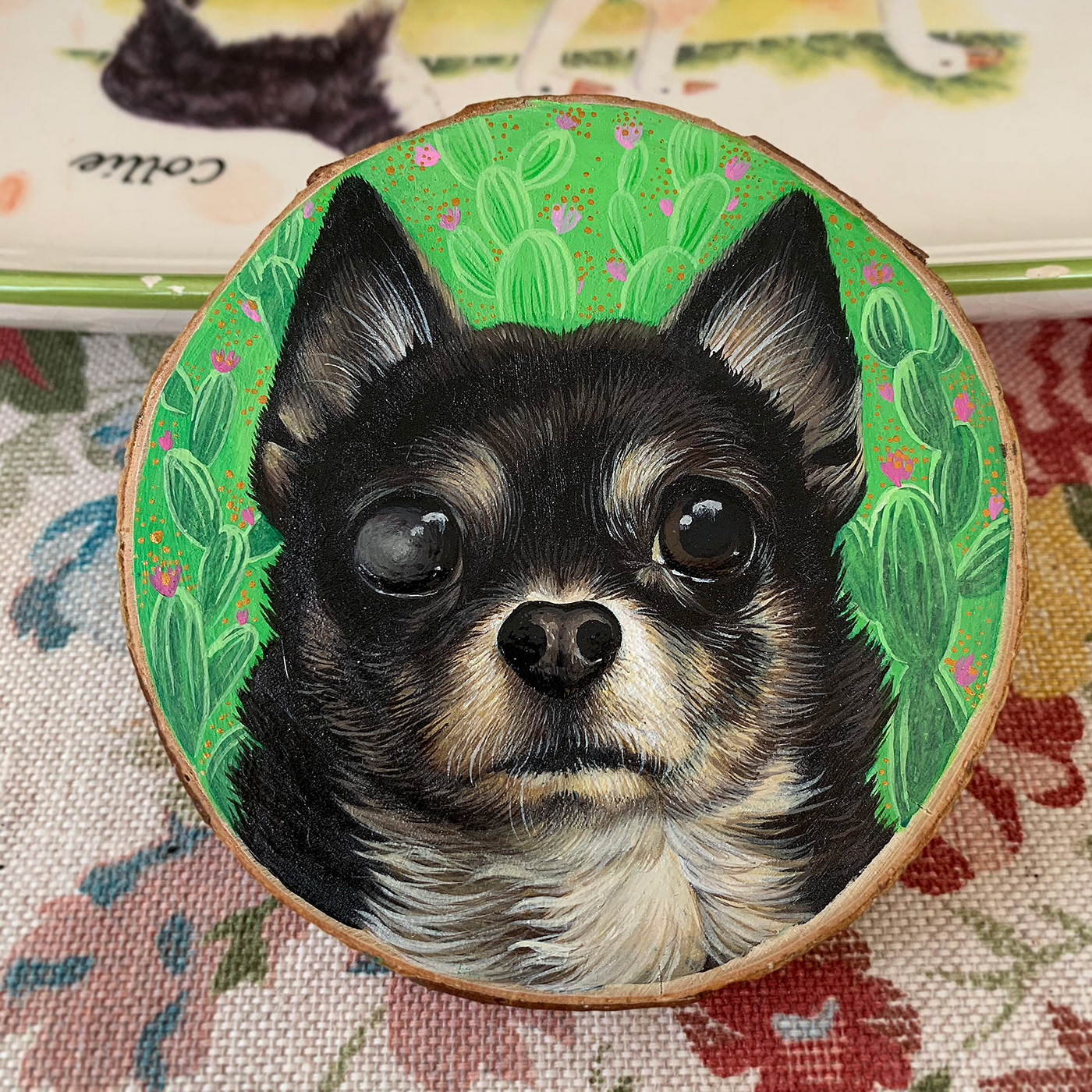 acrylic albugo chihuahua dog painting   portrait slice of wood