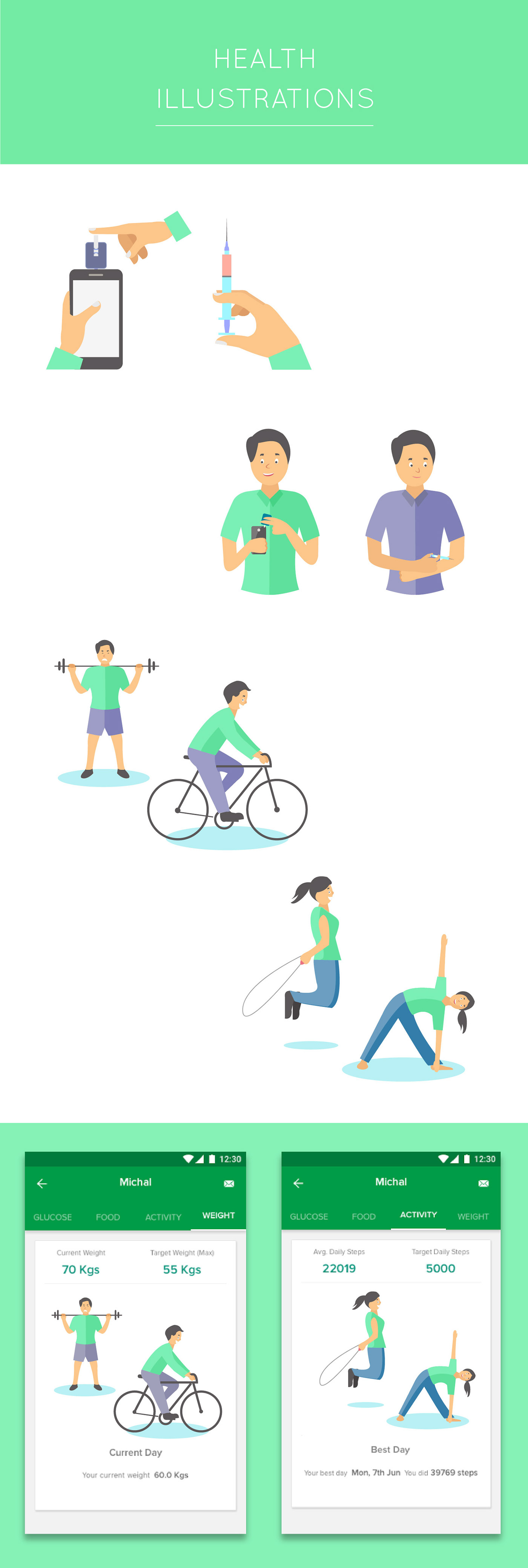 heath illustrations fitness healthy Body  health app illustrations blood levels blood sugar exercise flexible body