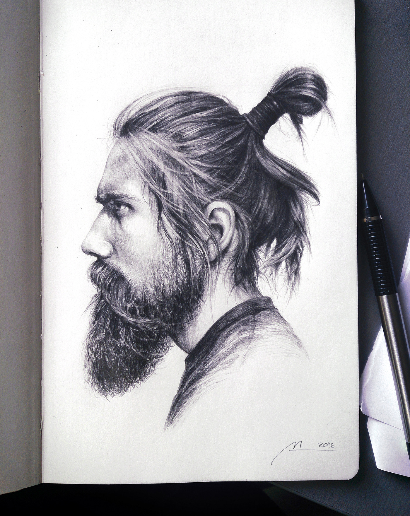 portrait face graphite pencil sketchbook hair woman man beard Flowers
