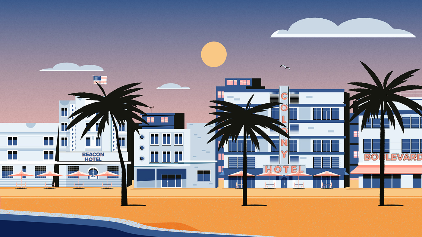 miami ocean drive Palm Trees ILLUSTRATION  Illustrator adobe Character design  gifs animation 