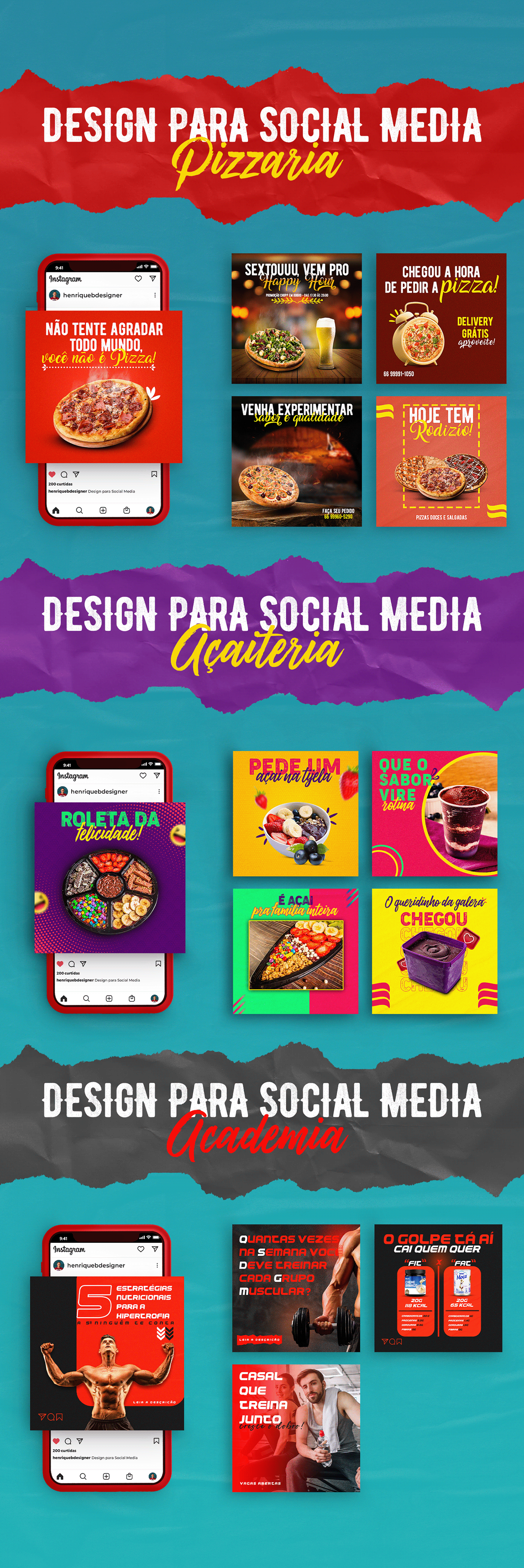 Design para Social Media Pizzaria, Açaiteria e Fitness
