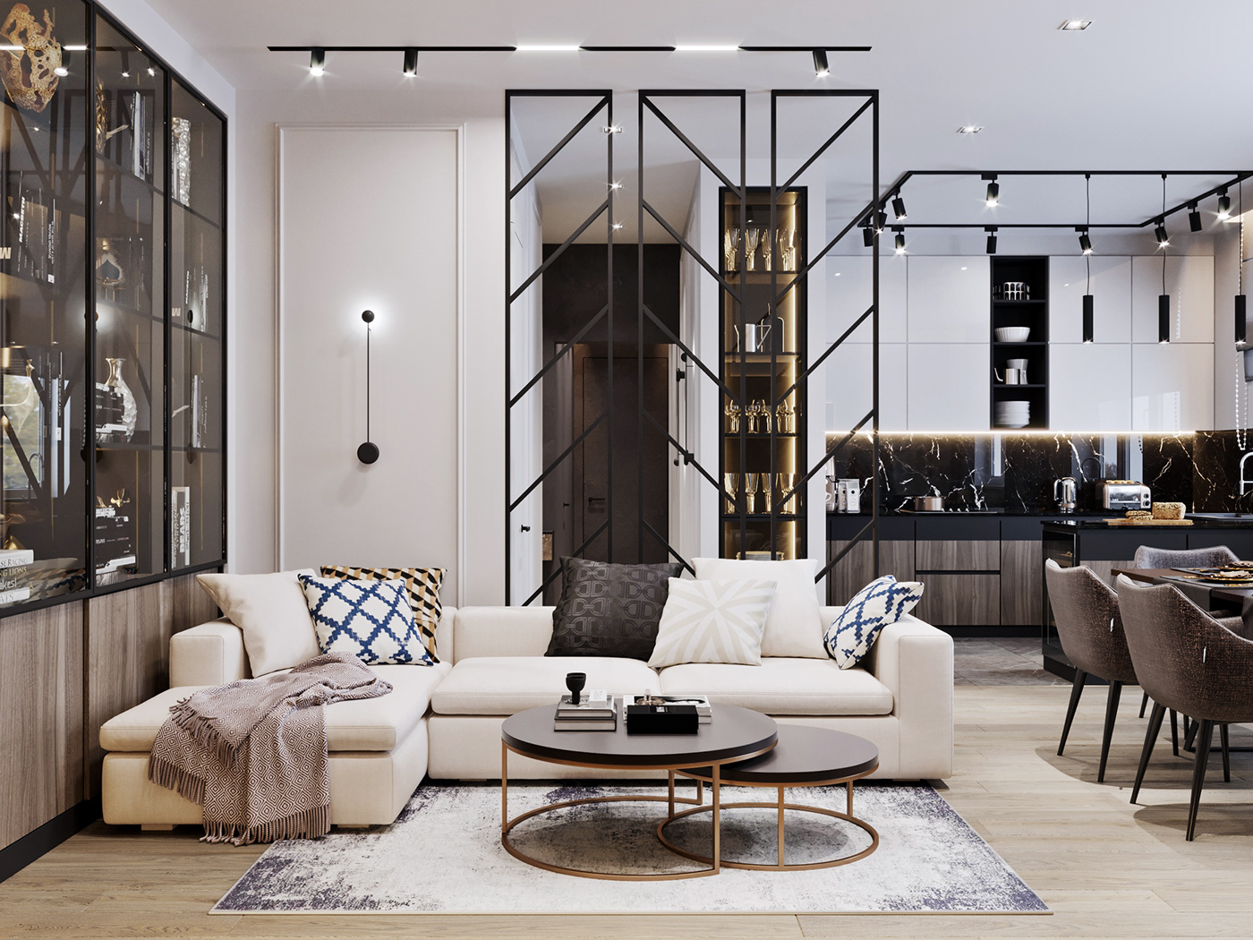 kitchen Hall livingroom CGI corona render  Interior luxury black wood