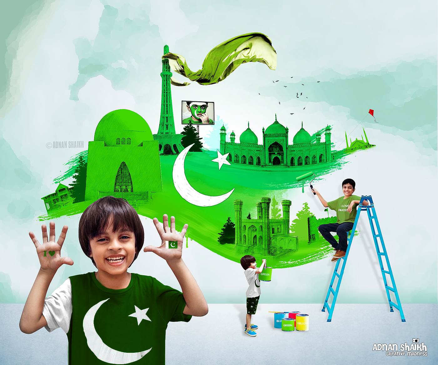 Pakistan Independence 14 august green flag Face painting art work minar e pakistan quaid e azam tomb