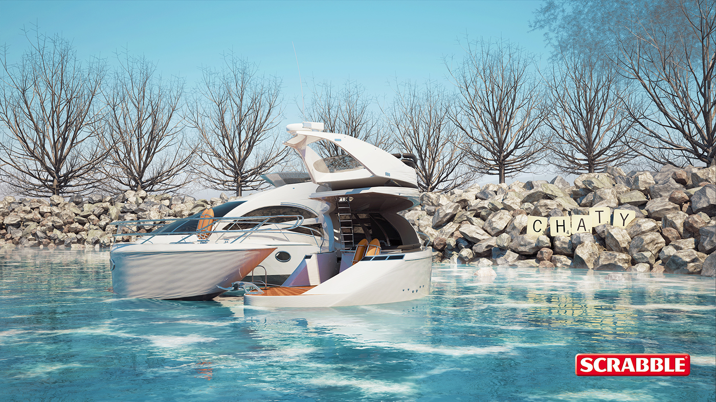 Scrabble Render 3D CGI vespa Bicycle Excavator yatch boat Street Outdoor campaign city cityscape forest