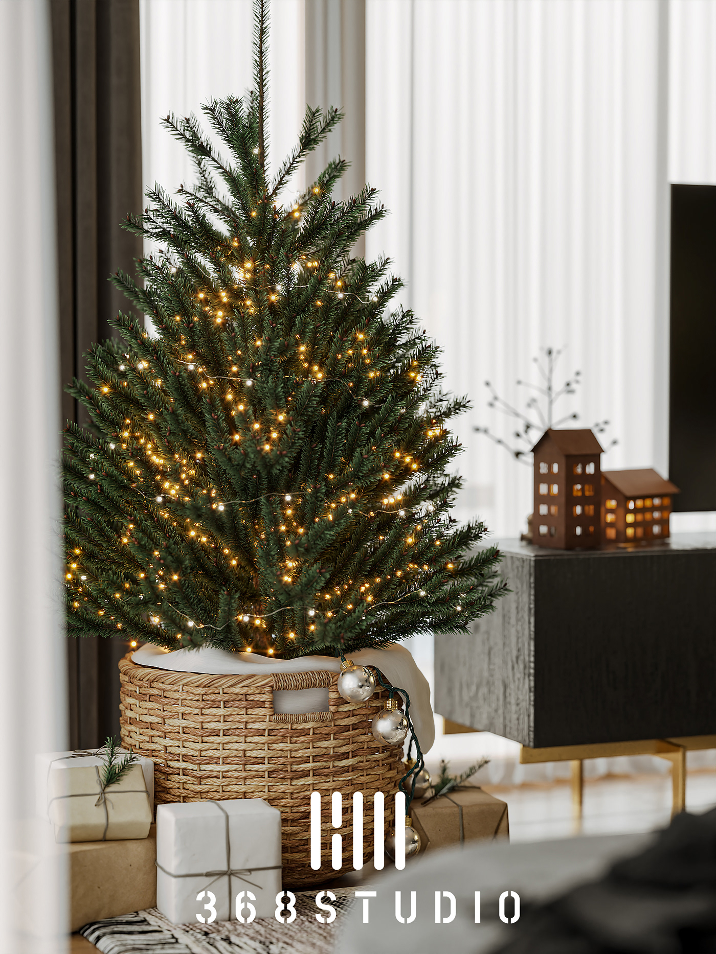 christmas Tree interior design  3ds max corona CGI Render visualization living room kitchen Scandinavian