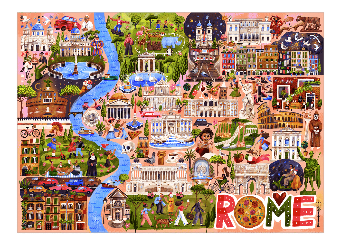 architecture children cute Italy jigsaw puzzle map people Rome tourist whimsical