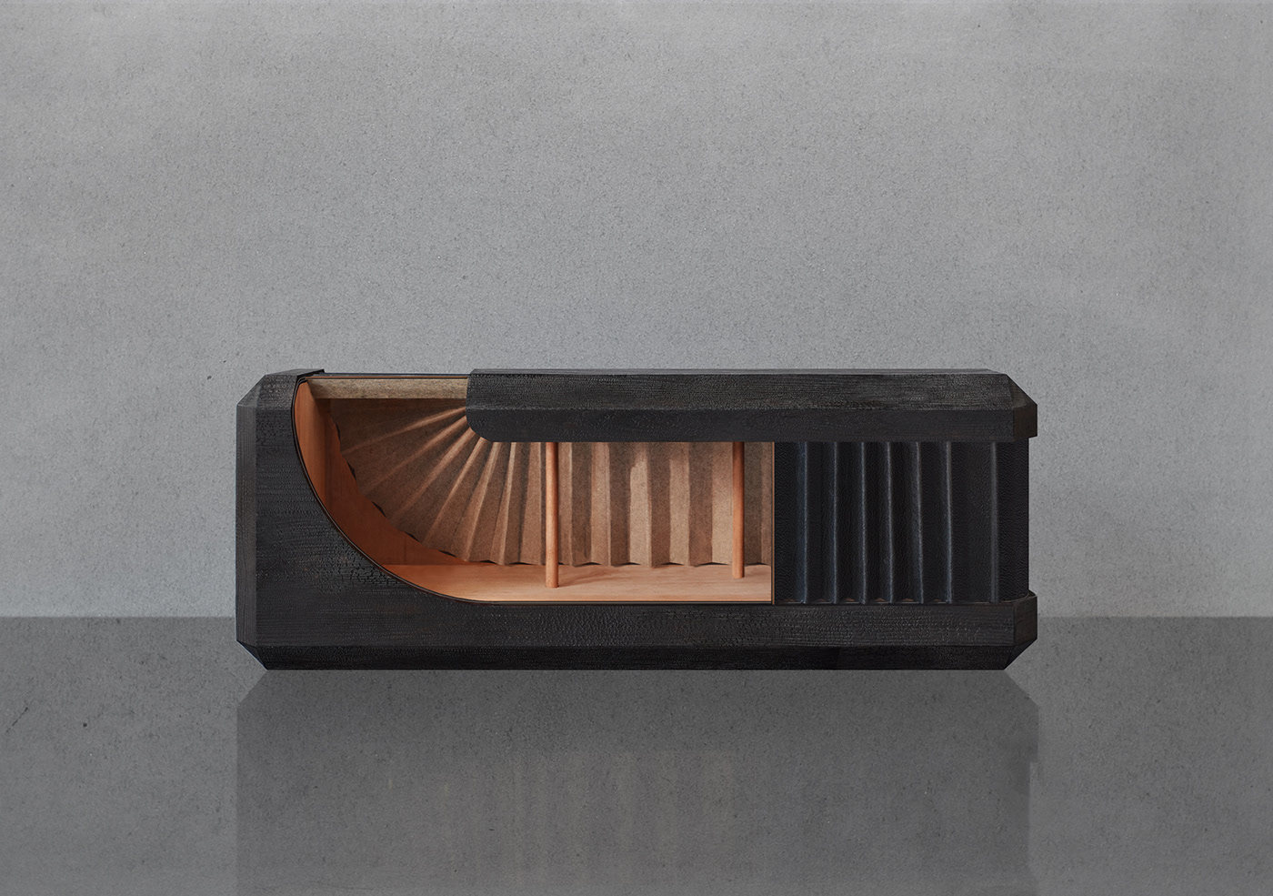 furniture sideboard credenza armadillo design sculpting  charred wood cedarwood shou sugi ban accordion door