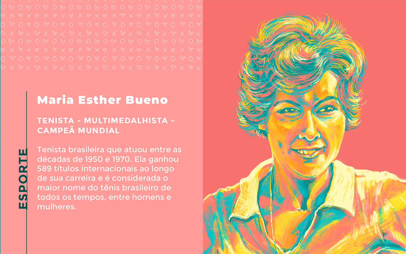 An illustrated portrait of Maria Esther Bueno, a famous brazilian tennist.
